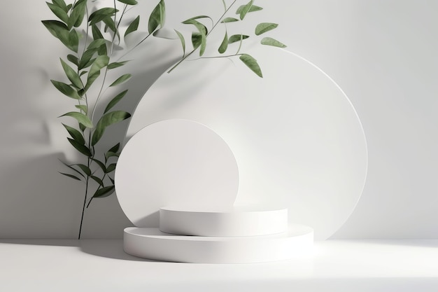 3D white podium with natural green leaves sunlight and shadow perfect for showcasing beauty and skincare products