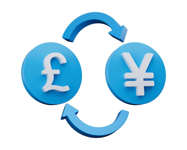 Фото 3d белый символ фунта и иены на округлых синих иконках со стрелками обмена денег 3d иллюстрация