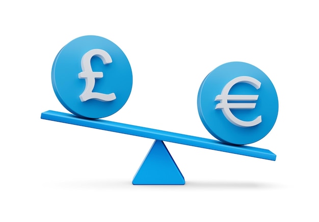 3d White Pound And Euro Symbol On Rounded Blue Icons With 3d Balance Weight Seesaw 3d illustration