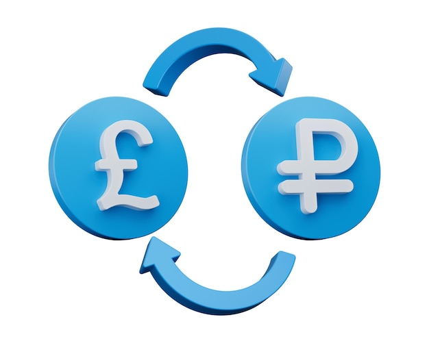 Photo 3d white pound and ruble symbol on rounded blue icons with money exchange arrows 3d illustration