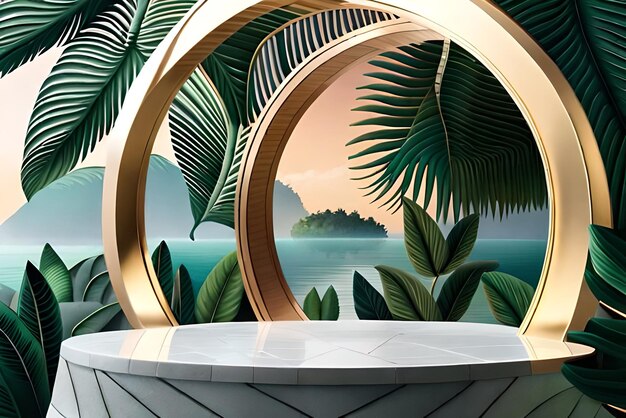 3D white product podium with green tropical palm leaves and golden round arch on green wall