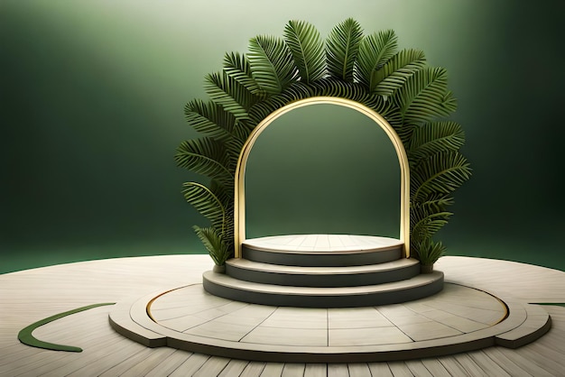 3D white product podium with green tropical palm leaves and golden round arch on green wall