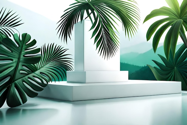녹색 열대 야자수 잎과 녹색 벽이 있는 3D 흰색 제품 연단