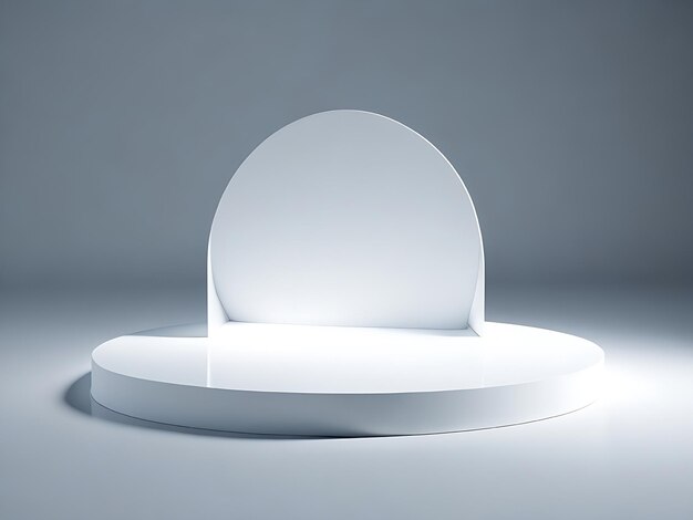 3D white round podium product presentation display mockup in empty room with spotlights