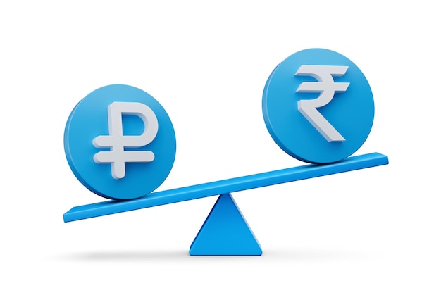 3d White Ruble And Rupee Symbol On Rounded Blue Icons With 3d Balance Weight Seesaw 3d illustration