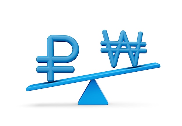 3d 균형 무게 시소 3d 일러스트와 함께 둥근 파란색 아이콘에 3d 흰색 루블 원 기호