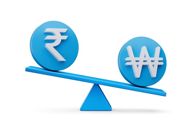 3d White Rupee And Won Symbol On Rounded Blue Icons With 3d Balance Weight Seesaw 3d illustration