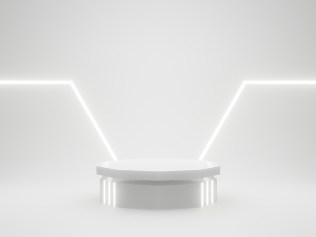 3D white scientific podium with white neon lights