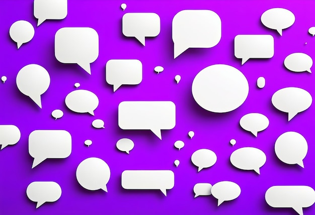 Фото 3d белая икона пузыря речи, установленная на фиолетовом фоне