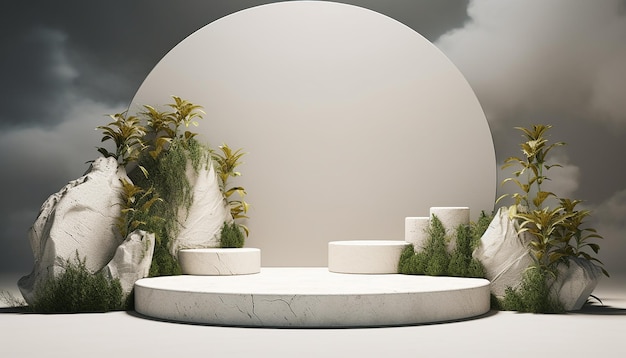 Photo 3d white stone nature product display podium platforms cosmetic placement studio platform