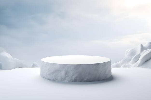 3D White stone podium minimal product display pedestal rock with landscape snow winter scene ai generate