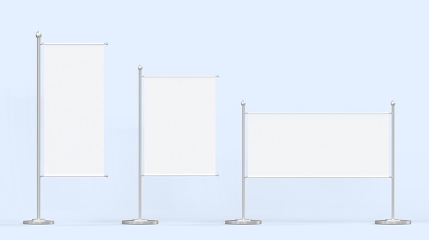 3D White vinyl banners textile stands on metal pole Vertical and horizontal signboards for outdoor advertising Blank billboards displays isolated on blue background Realistic 3d render mockup set