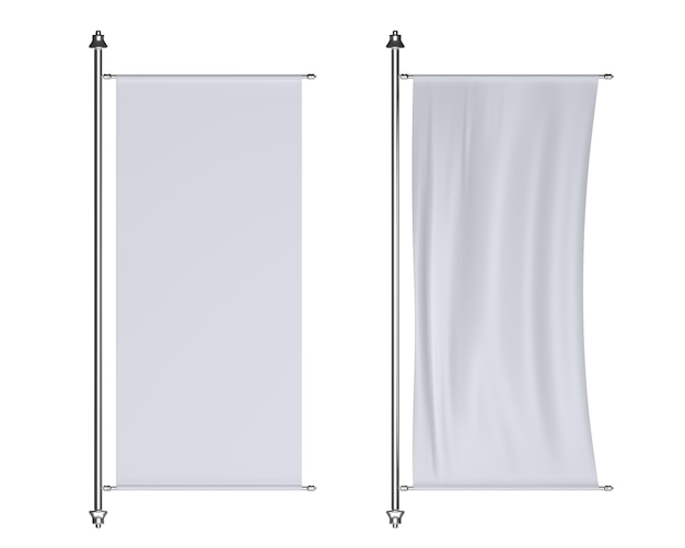 3D White vinyl and textile banner in wind ad stands on metal poles Vertical rectangle signboards fabric promotion posters Blank billboards displays isolated on background 3d render mockup set