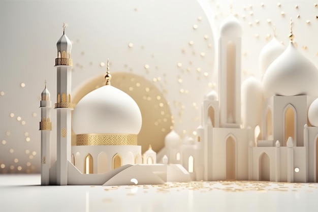 3D white wall with gold ornaments and a mosque with arabic ornaments Generative AI