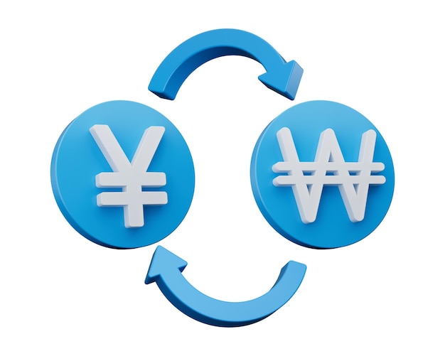 写真 3 d の白い円とお金交換矢印 3 d イラストレーションで丸みを帯びた青いアイコンのウォン記号