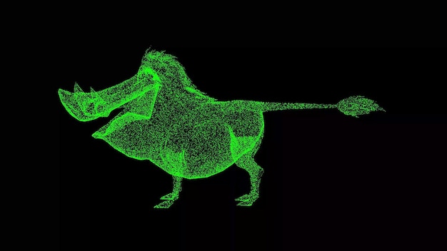 黒の背景に 3 D のイノシシ イボイノシシ野生動物のコンセプトタイトル テキストのプレゼンテーションのための環境の保護きらめく粒子 3 d アニメーションで作られたオブジェクト