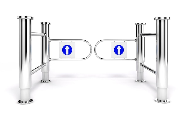 3d winkelturnstile ingang met pijlteken op witte achtergrond