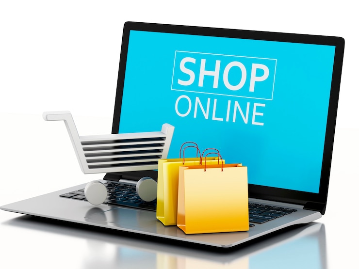 Foto 3d winkelwagen op laptop. e-commerce concept