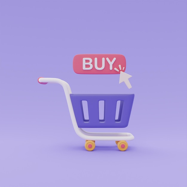 3D-winkelwagentje met klik op de knop Kopen op paarse achtergrond Online winkelen concept 3D-rendering