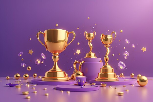 Photo 3d winners minimal with golden cup gold winners stars with objects floating around on gold background award ceremony concept with cartoon style 3d vector render isolated on purple pastel background