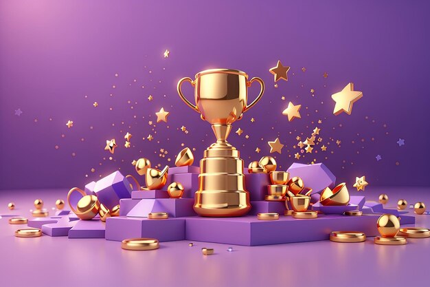 3d winners minimal with golden cup gold winners stars with objects floating around on gold background award ceremony concept with cartoon style 3d vector render isolated on purple pastel background