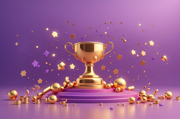 3d winners minimal with golden cup gold winners stars with objects floating around on gold background award ceremony concept with cartoon style 3d vector render isolated on purple pastel background