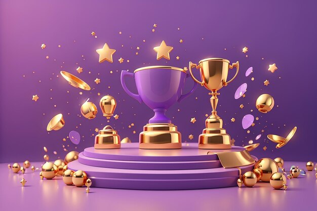 3d winners minimal with golden cup gold winners stars with objects floating around on gold background award ceremony concept with cartoon style 3d vector render isolated on purple pastel background