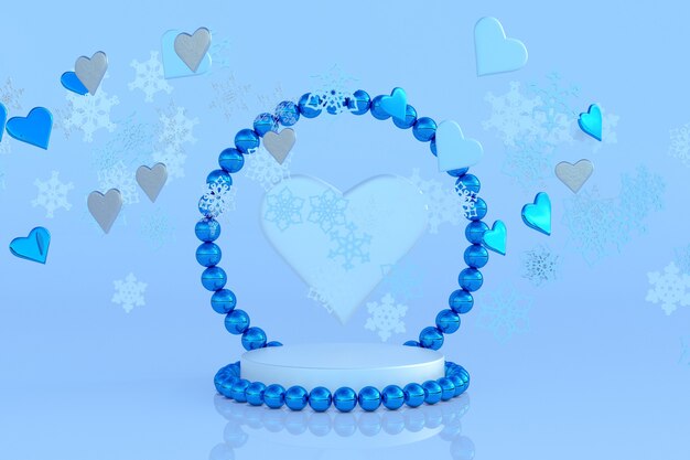 3D-winter sjabloon met podium parel boog sneeuwvlokken harten Feestelijk ontwerp op blauwe achtergrond