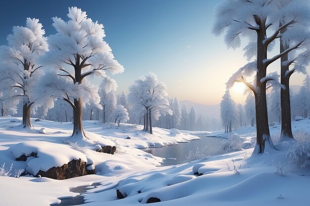3d winterlandschap met besneeuwde bomen