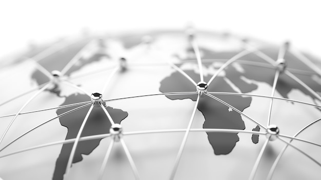 Фото 3d-каркасный глобус с взаимосвязанными узлами, символизирующими глобальную сеть и связь
