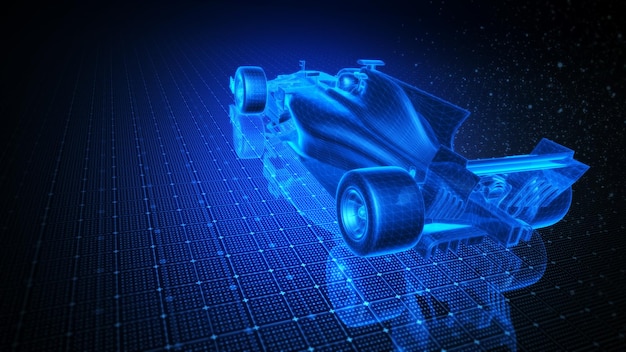 Foto illustrazione 3d a telaio di una macchina di formula 1 con sfondo blu arancione
