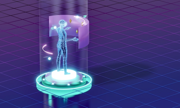 3d wireframe man draagt vr virtual reality headset staan glazen buis aanraken van groot scherm 3d illustratie rendering