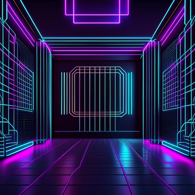 3d wireframe neon grid room background