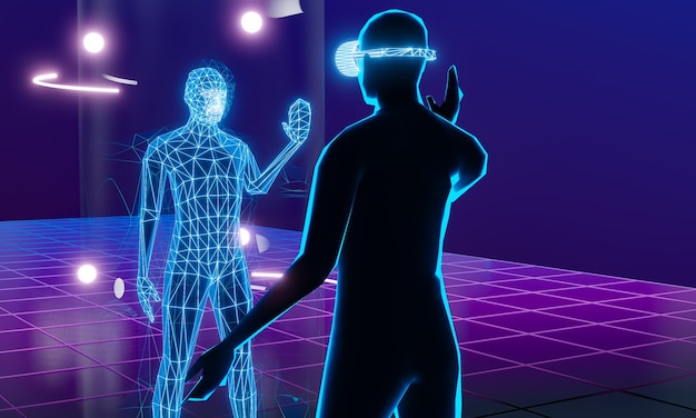 3D Wireframe двое мужчин носят гарнитуру виртуальной реальности VR, играя в игру. Рендеринг 3D-иллюстрации на темном фоне с копировальным пространством