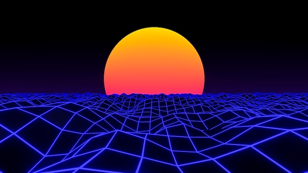 3D wireframe watergolven zonsondergang