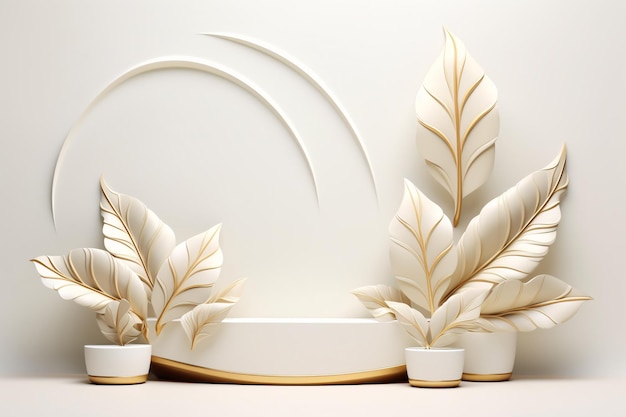 3D wit en goud podium is versierd met elegante plantenbladeren Generatieve AI