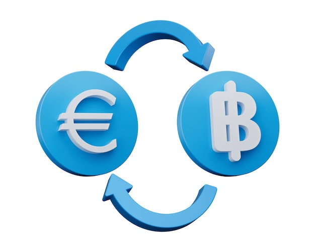 3d wit euro en baht-symbool op afgeronde blauwe pictogrammen met gelduitwisselingspijlen 3d illustratie