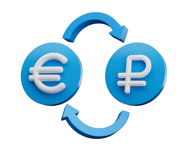 3d wit euro- en roebelsymbool op afgeronde blauwe pictogrammen met gelduitwisselingspijlen 3d illustratie