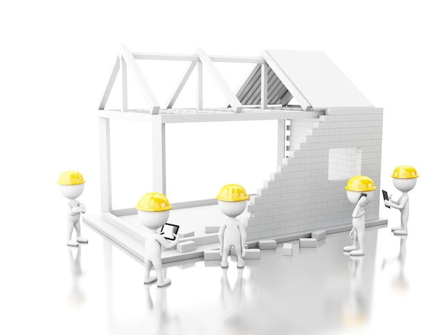 3D-wit huis in aanbouw met bouwers