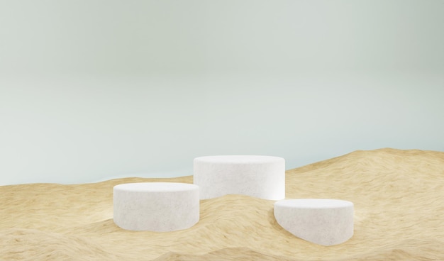 3D wit podium met de minimale achtergrond van de zandtextuur. Perfect voor het tonen van product en promotie.