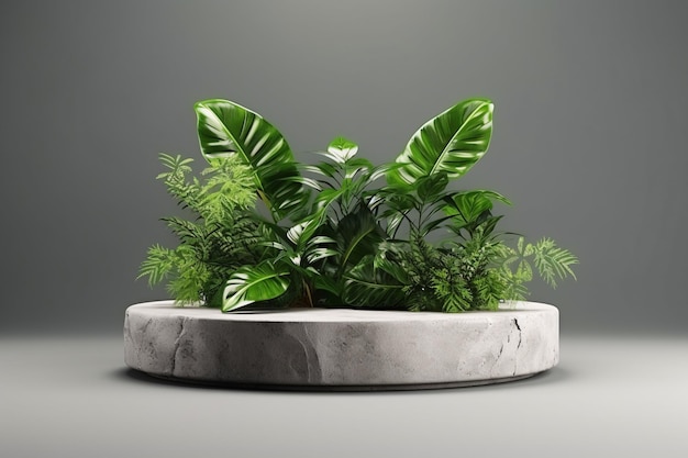 Foto 3d wit podium stand met planten is een realistische mockup generatieve ai