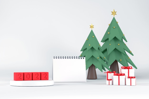 3D. Wit podium voor het weergeven van producten voor de kalender van 2020 en kerstbomen. met geschenkdoos