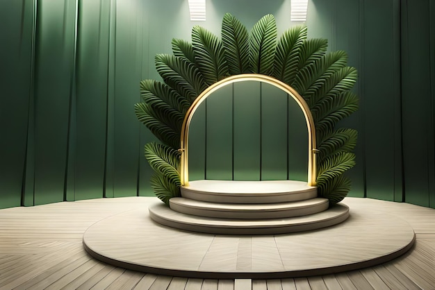 3D wit productpodium met groene tropische palmbladeren en gouden ronde boog op groene muur
