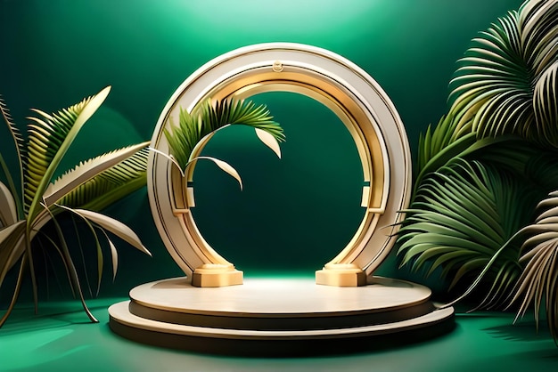 3D wit productpodium met groene tropische palmbladeren en gouden ronde boog op groene muur