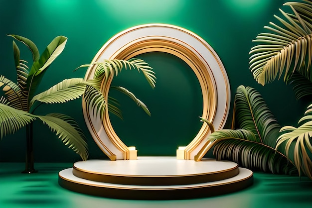 3D wit productpodium met groene tropische palmbladeren en gouden ronde boog op groene muur