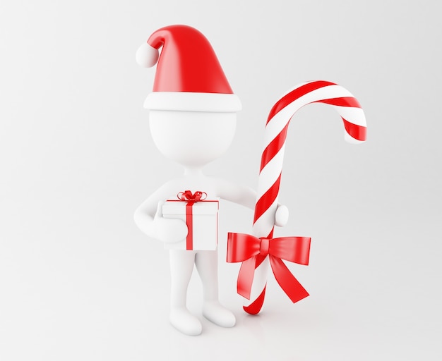 3d-witte mensen kerstman met candy cane en geschenkdoos.