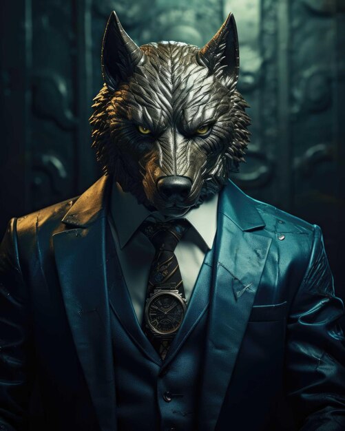 Photo 3d wolf with a human body looking serious wearing a suit with a dramatic studio background