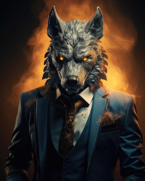 3D Wolf with a human body looking serious wearing a suit with a dramatic studio background