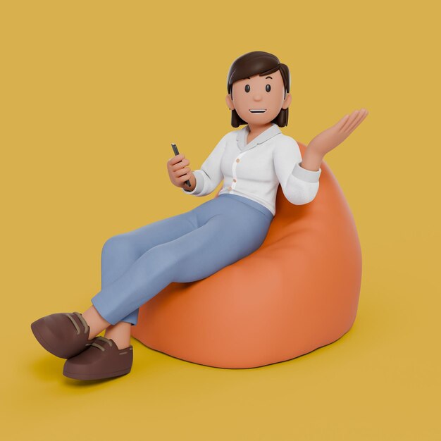 Photo 3d woman sitting on bean bag holding phone while smiling with hand gesture