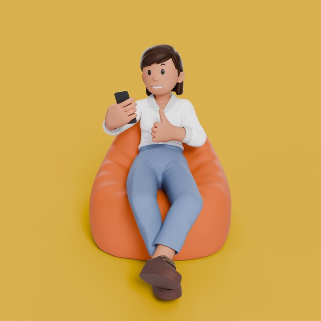 Photo 3d woman sitting on bean bag holding phone with a thumb up gesture
